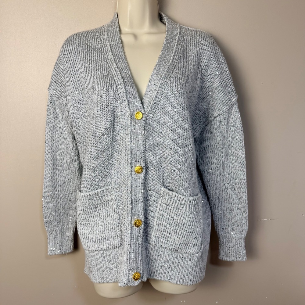 J.Crew Women Cardigan No Size Gray Sequin Gold Button V-Neck Knit BS951 FA23